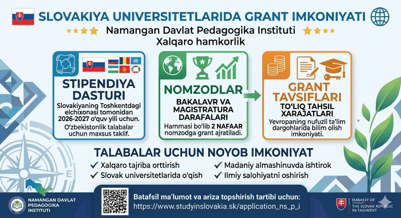 Slovakiyada o‘qish uchun grant imkoniyati yaratildi